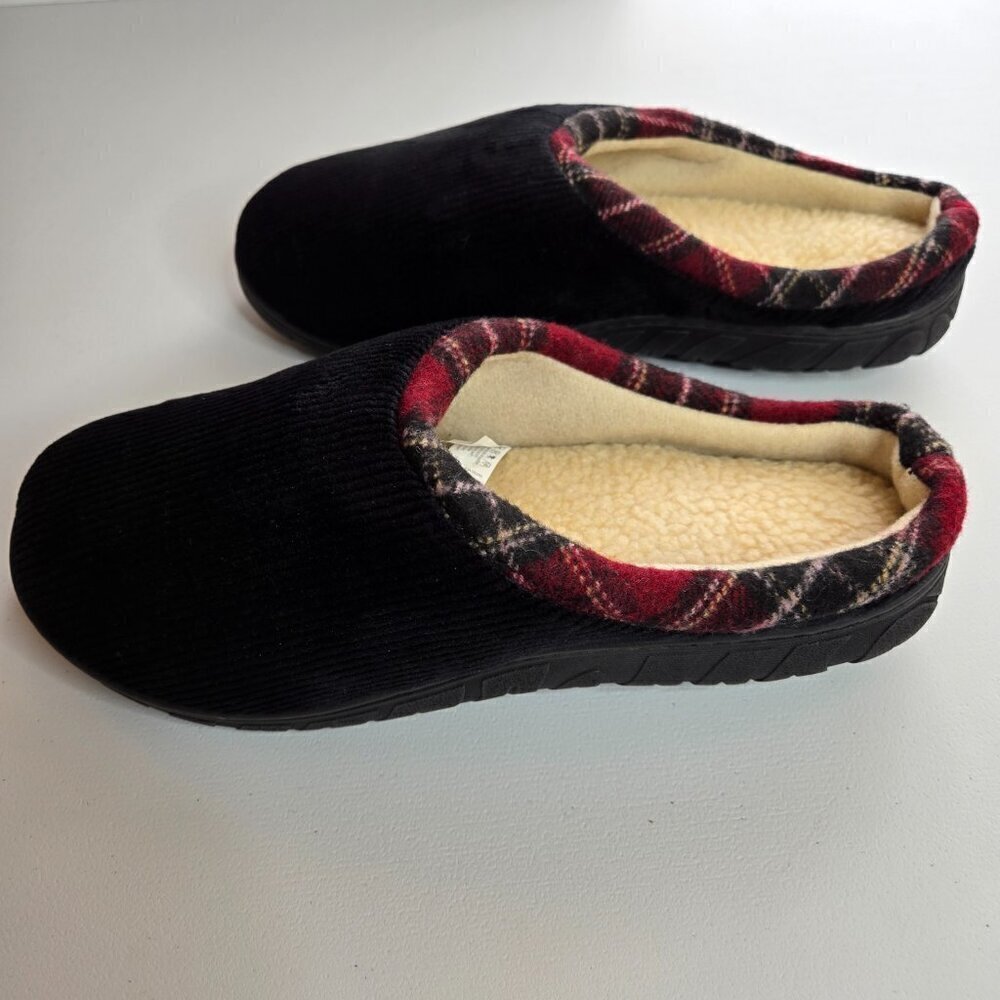 Totes Men's Black Corduroy Faux Fur Red Trim Memory Foam Slide Slippers Sz L - Picture 5 of 11